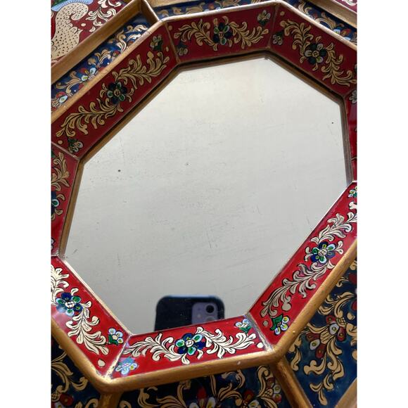 Peruvian Wall Mirror Octagonal Wood Frame Reverse Glass Painting birds flowers - Picture 3 of 16
